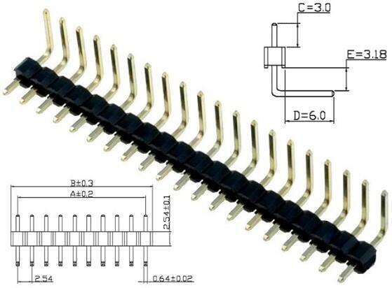 Imagen de Pack 2 Regleta Conector 1*40P 2.54MM Macho-Macho Inclinado 90°